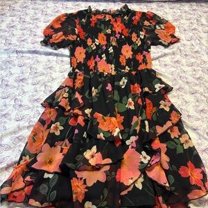 🍄Vici Black Floral Ruffle Tiered Dress with Orange & Pink Blooms